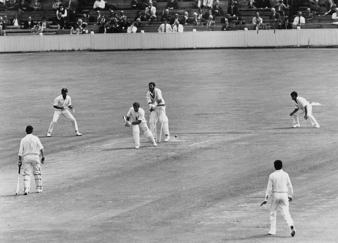 Farokh Engineer celebrates as John Edrich is bowled by Bhagwath Chandrasekhar for 0