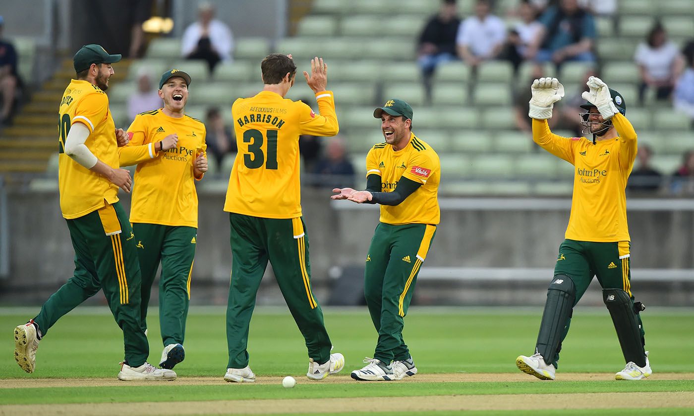 Steven Mullaney and Calvin Harrison celebrate a wicket