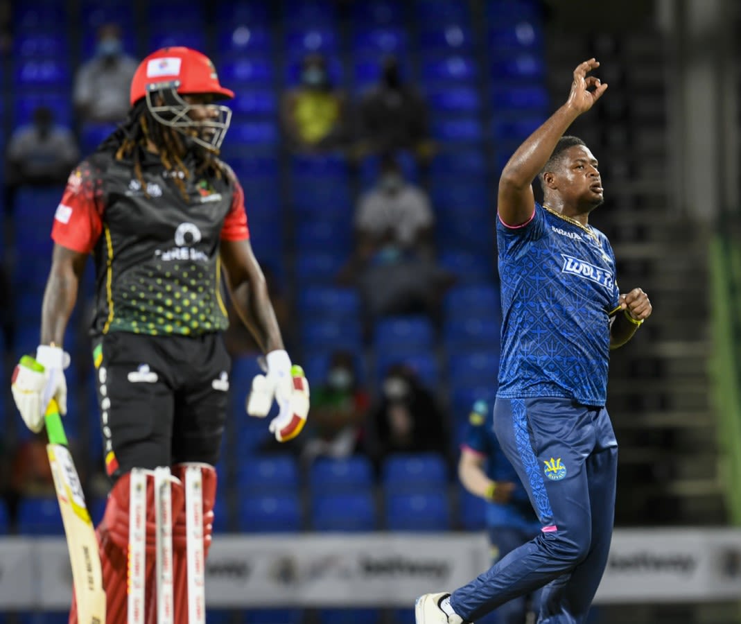 Oshane Thomas knocked over Chris Gayle in a brisk spell