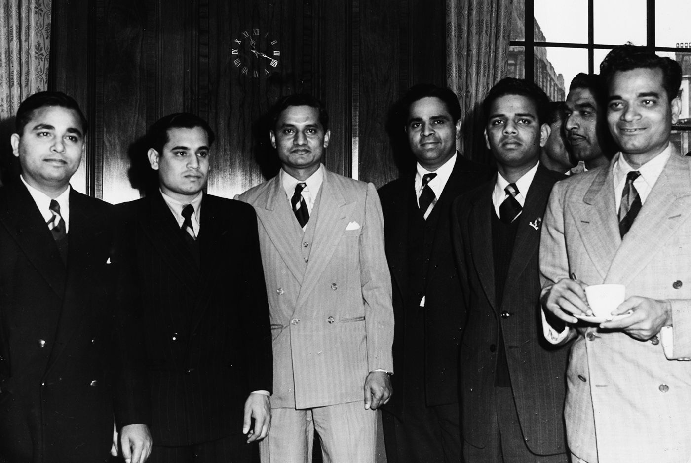 Khokhan Sen, Pankaj Roy, Vijay Hazare, Ramesh Divecha, Vijay Manjrekar and Sadu Shinde at a reception in India House in London