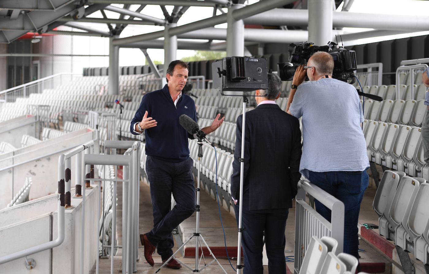 ECB chief executive Tom Harrison speaks to the media