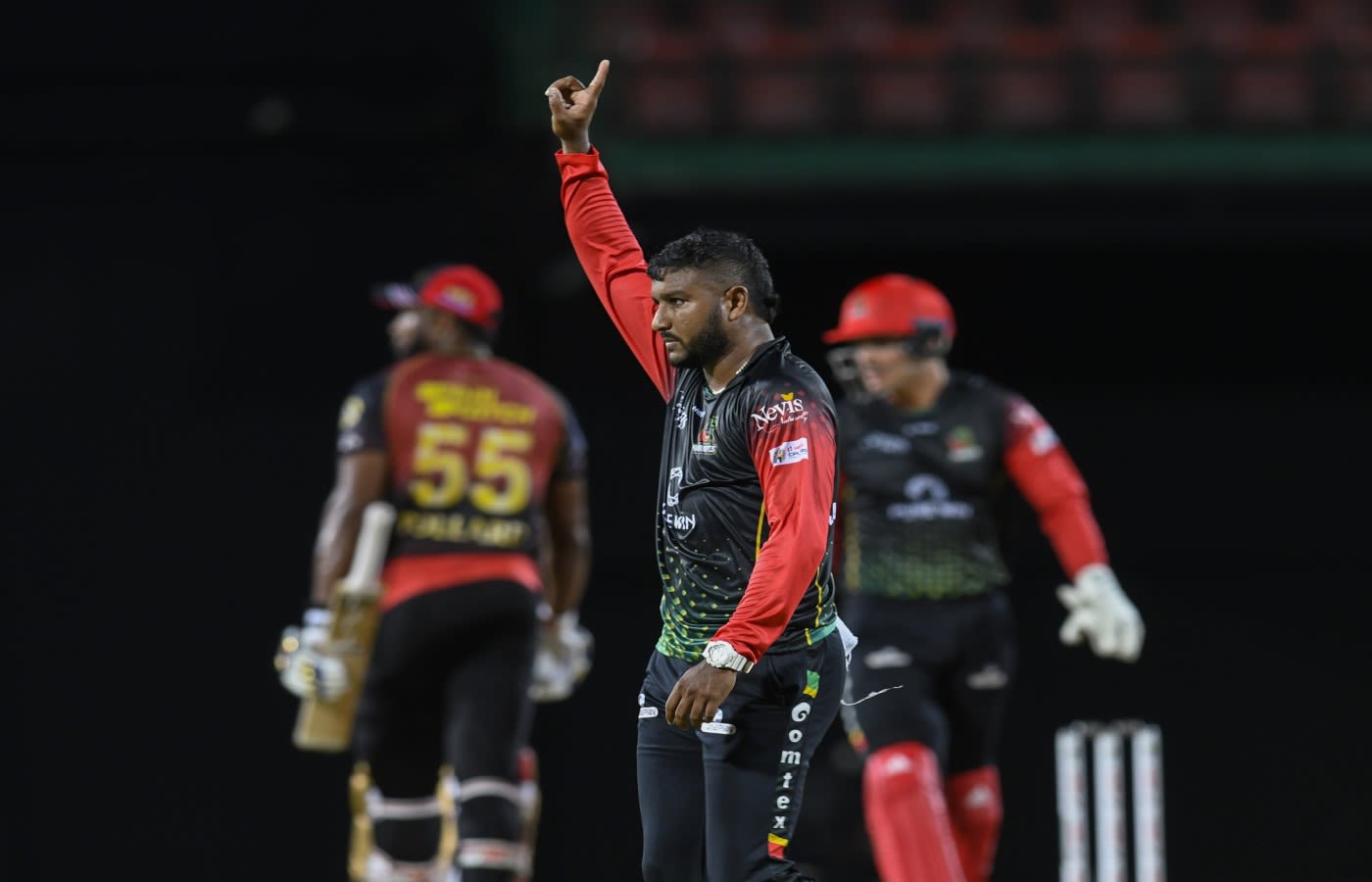 Jon-Russ Jaggesar celebrates one of his three wickets