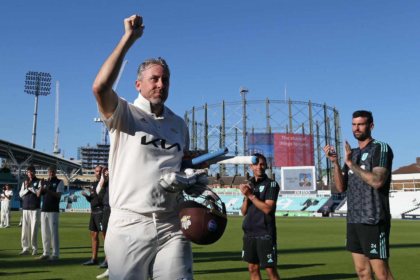 Rikki Clarke leaves the field after his final first-class appearance