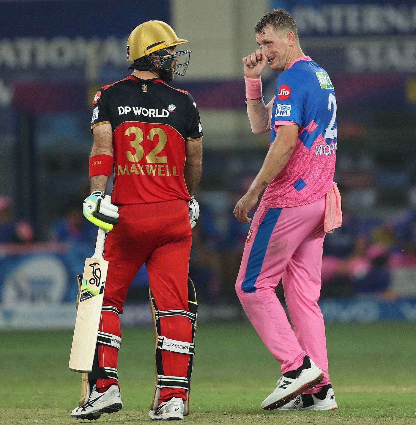 Glenn Maxwell and Chris Morris exchange pleasantries