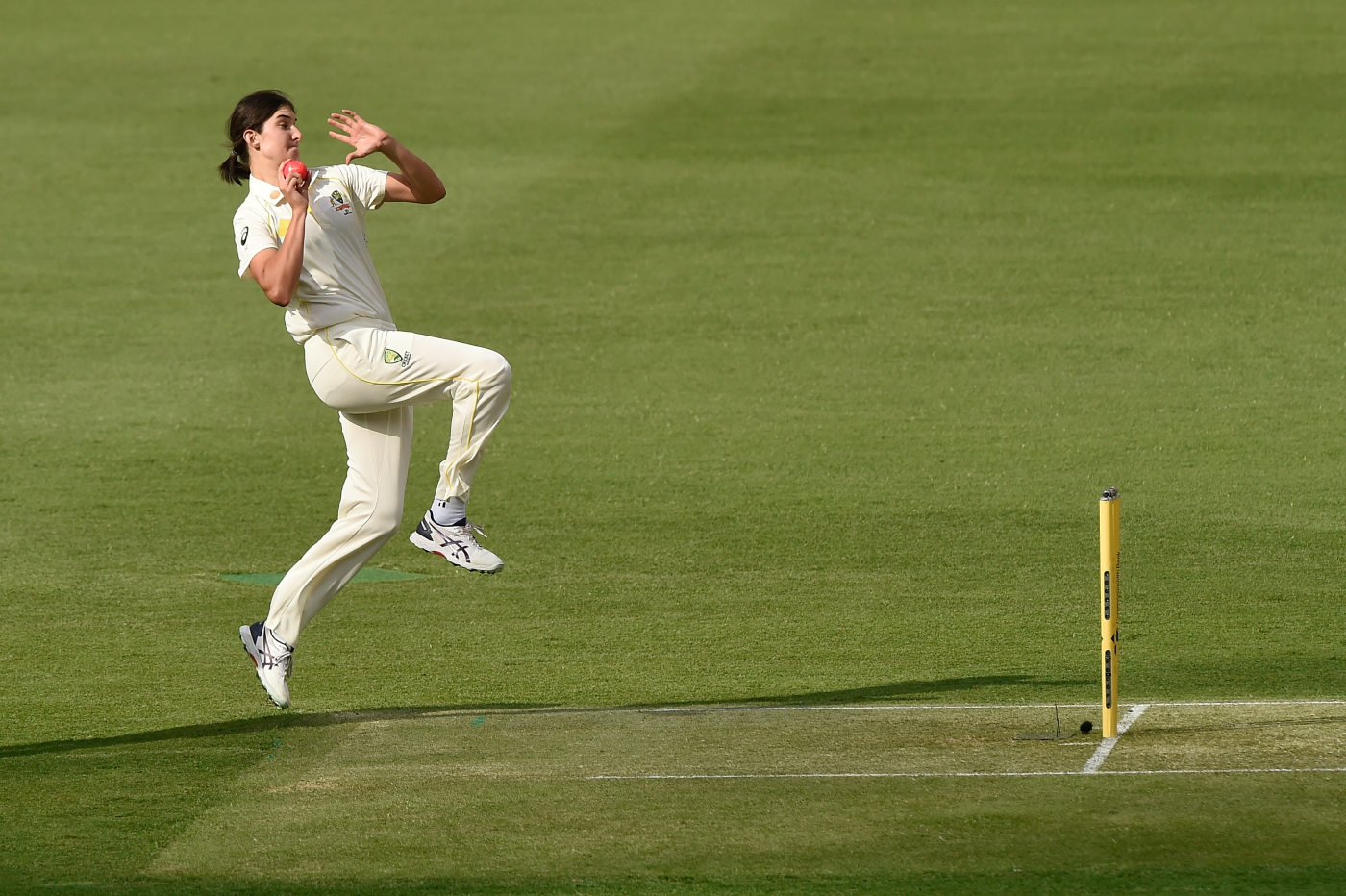 Stella Campbell bowling on Test debut