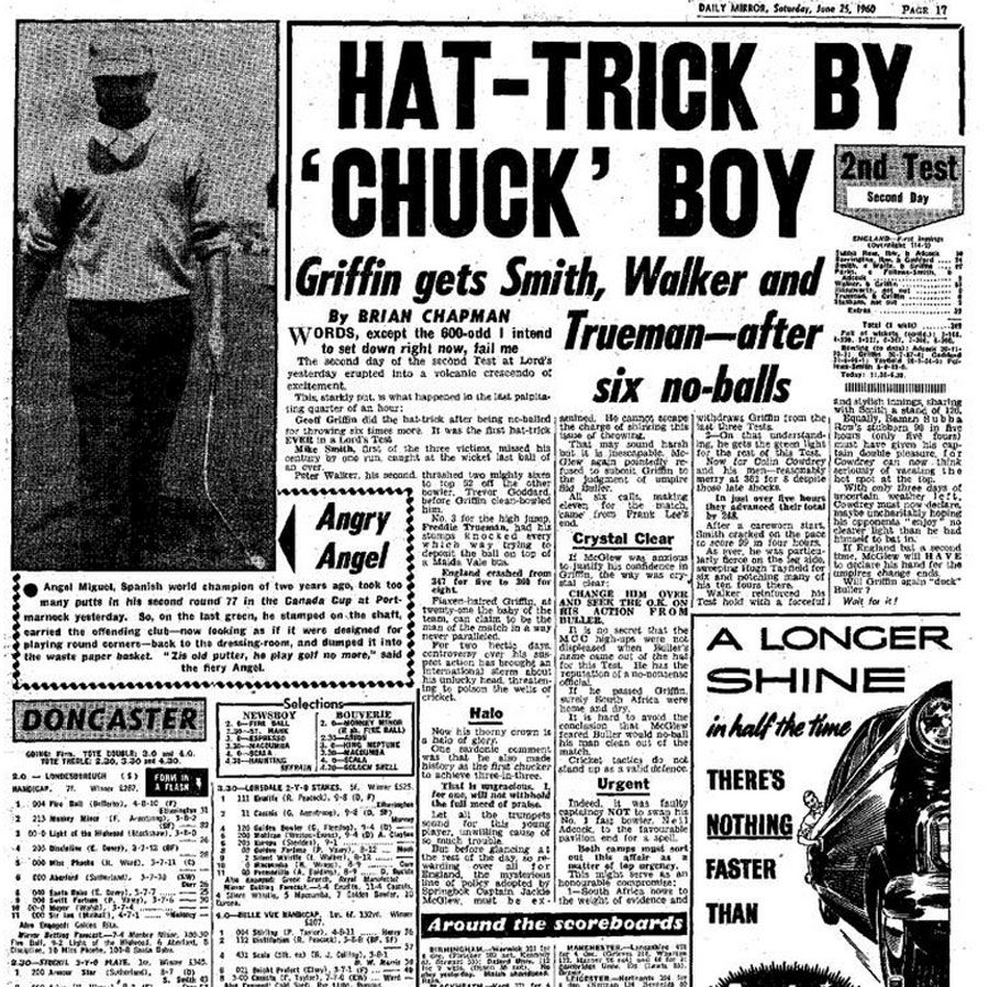 Geoff Griffin's hat-trick as reported by the <I>Daily Mirror</I>