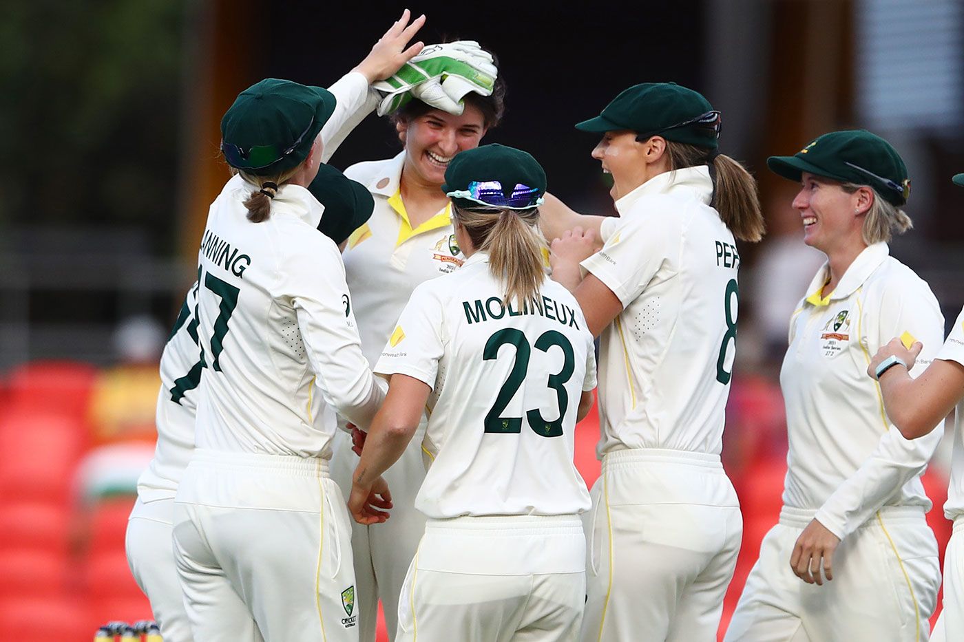 Stella Campbell celebrates her first Test wicket