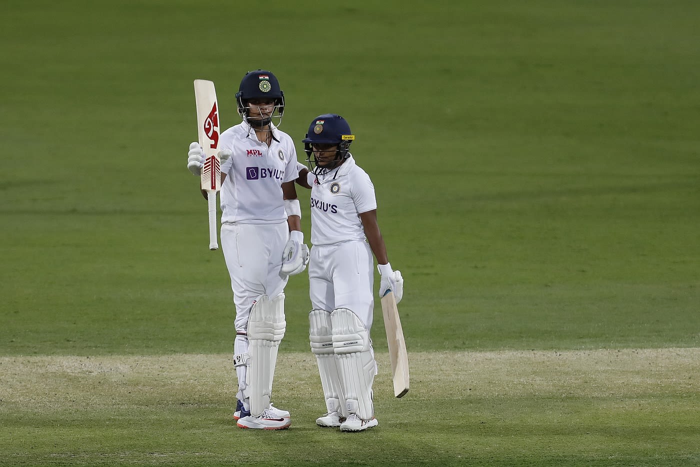 Shafali Verma congratulated by Punam Raut after a controlled half-century