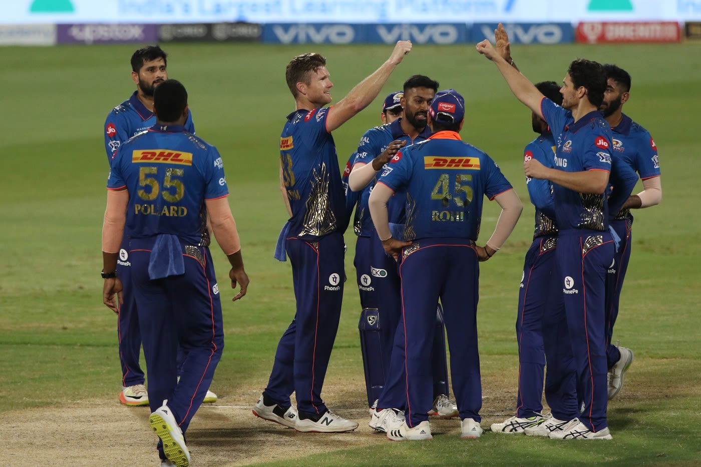 Happy faces for Mumbai Indians with Jimmy Neesham and Nathan Coulter-Nile striking twice each in their first two overs