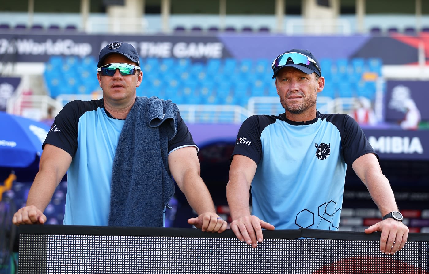 Namibia assistant coach Albie Morkel and head coach Pierre de Bruyn look on during training
