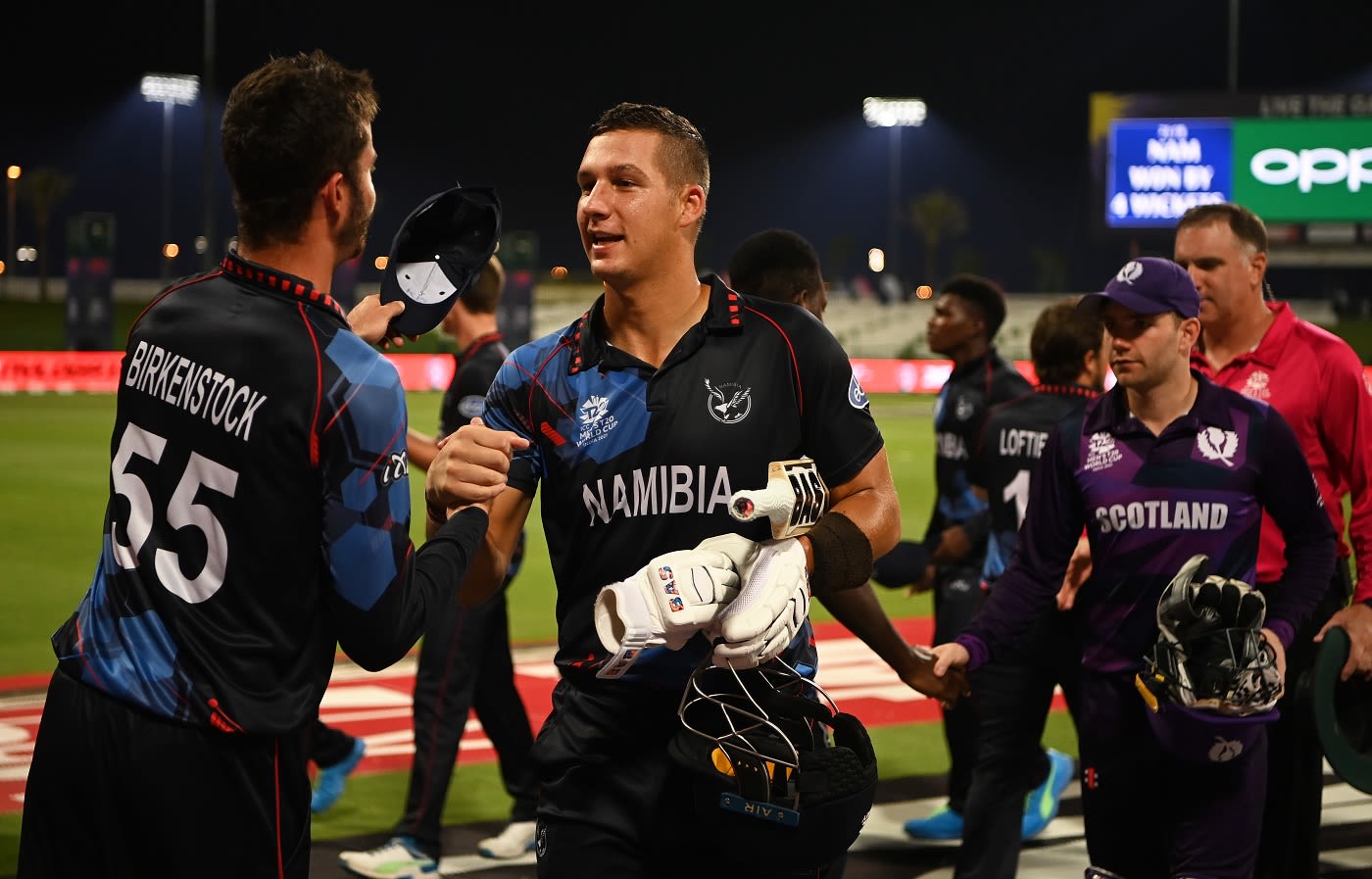 JJ Smit and Karl Birkenstock greet each other after Namibia beat Scotland
