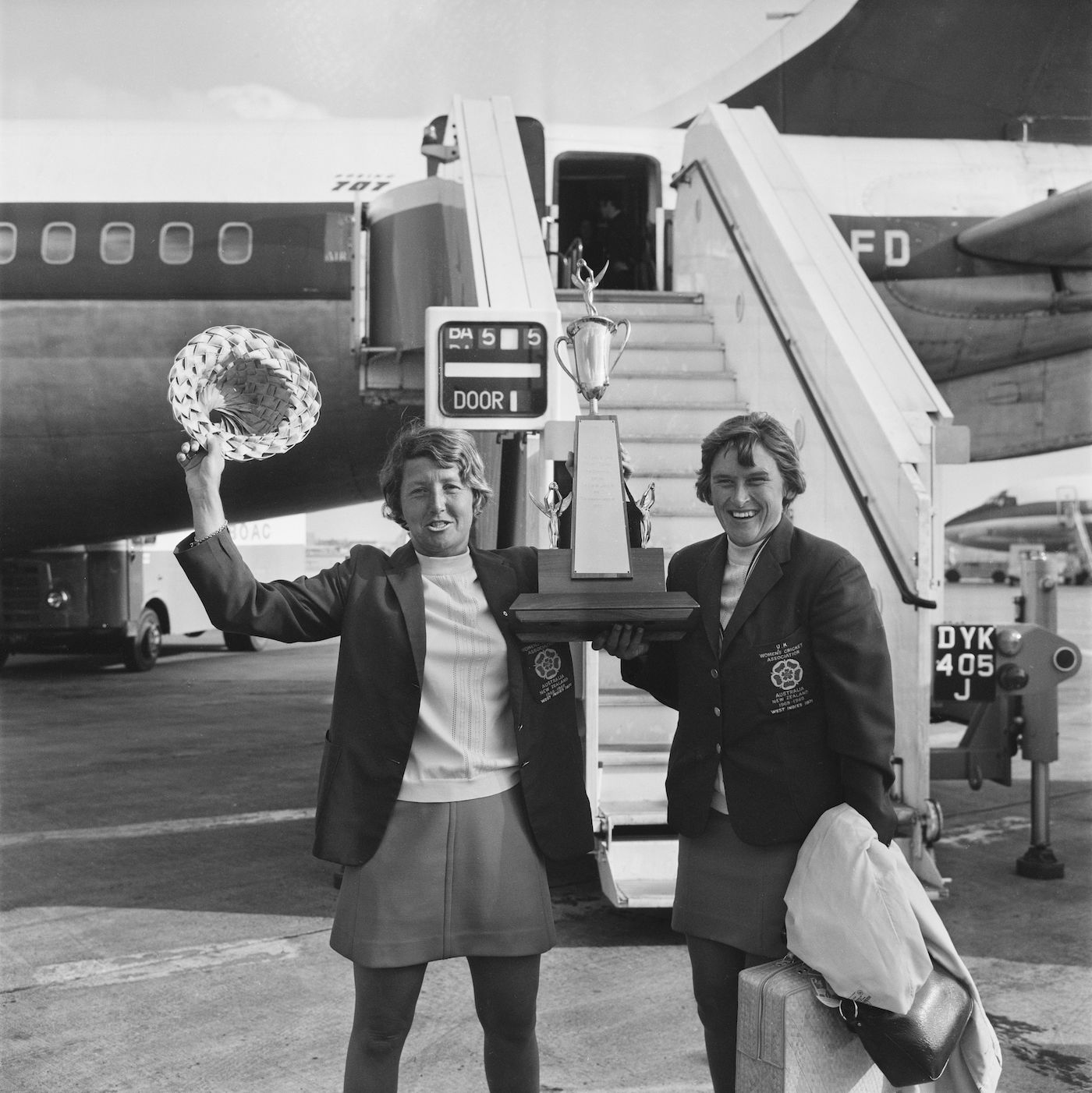 Rachael Heyhoe Flint and Lynne Thomas at London Airport on their return from the West Indies