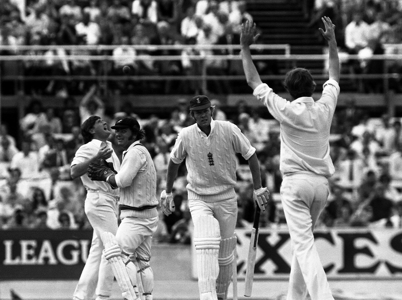 Tony Greig is caught by Keith Stackpole off the bowling of Ashley Mallett