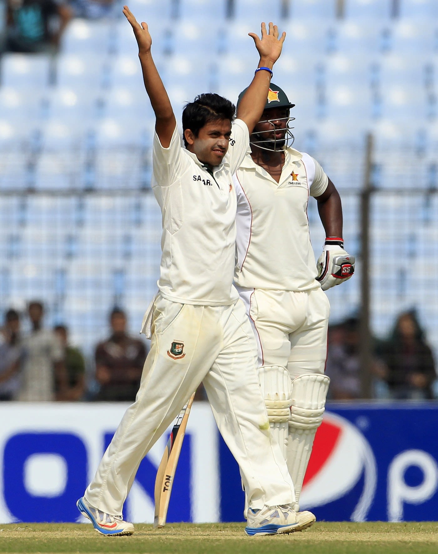 Jubair Hossain reacts after taking five wickets in the third Test against Zimbabwe