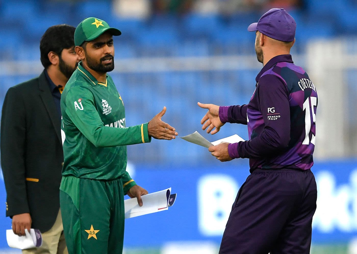 Babar Azam and Kyle Coetzer shake hands after the toss