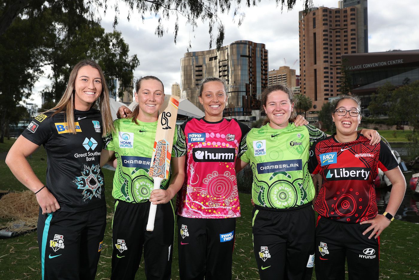 Indigenous players Mikayla Hinkley, Anika Learoyd, Ashleigh Gardner, Hannah Darlington and Ella Hayward during the WBBL First Nations Round Launch