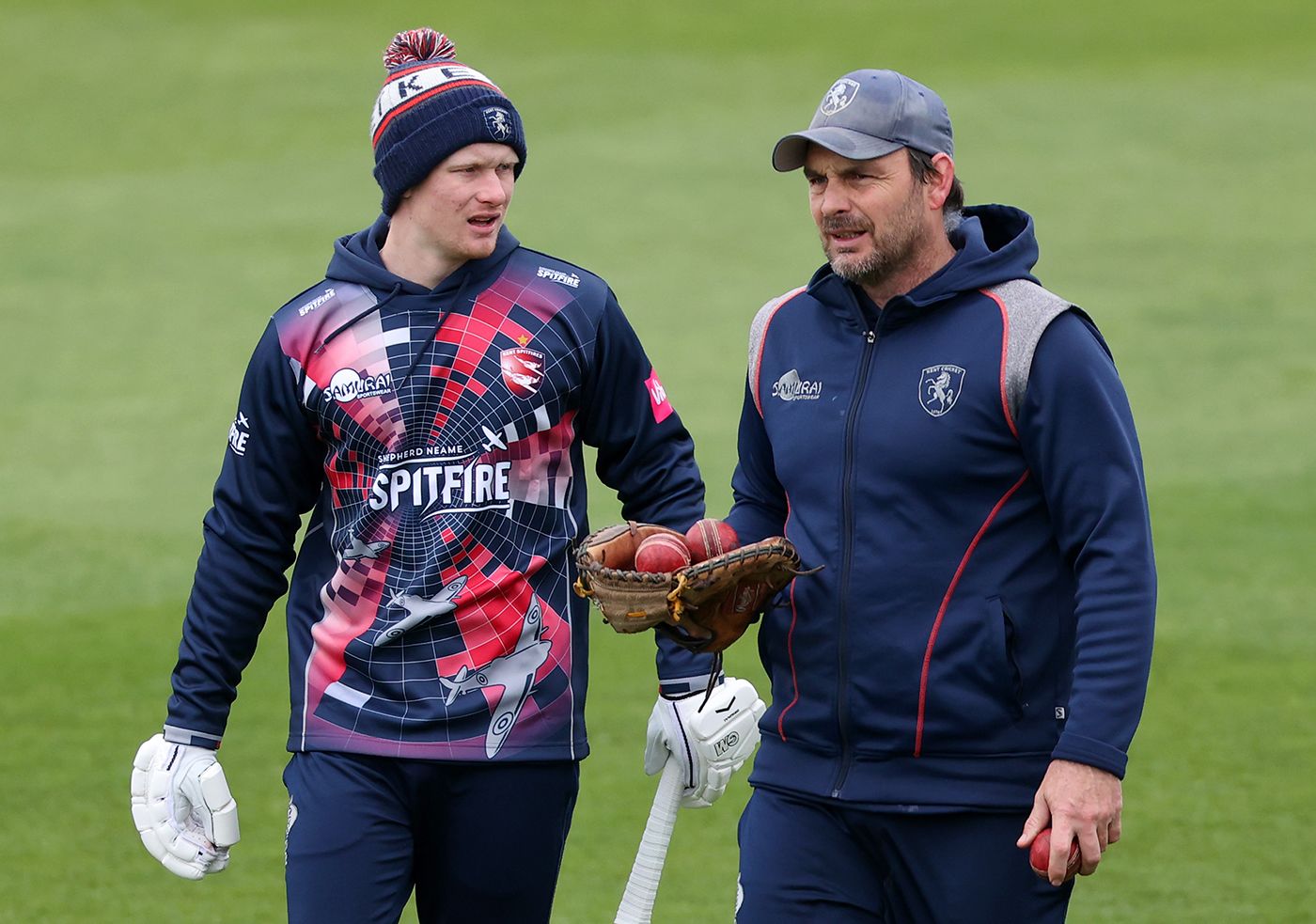 Jordan Cox talks with batting coach Michael Yardy