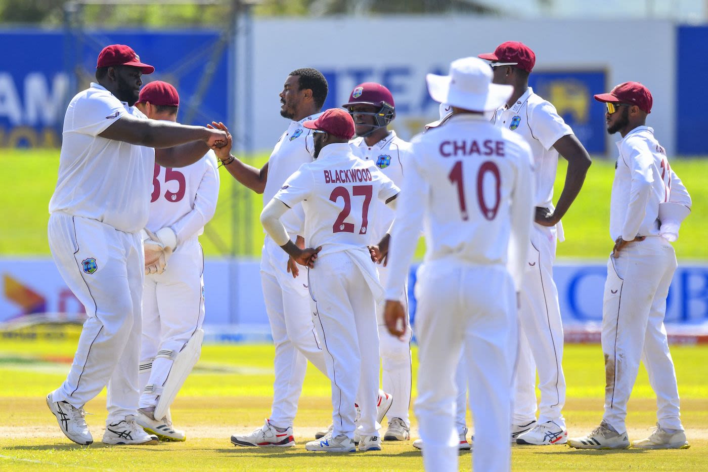Shannon Gabriel celebrates with his team-mates after sending back Dhananjaya de Silva