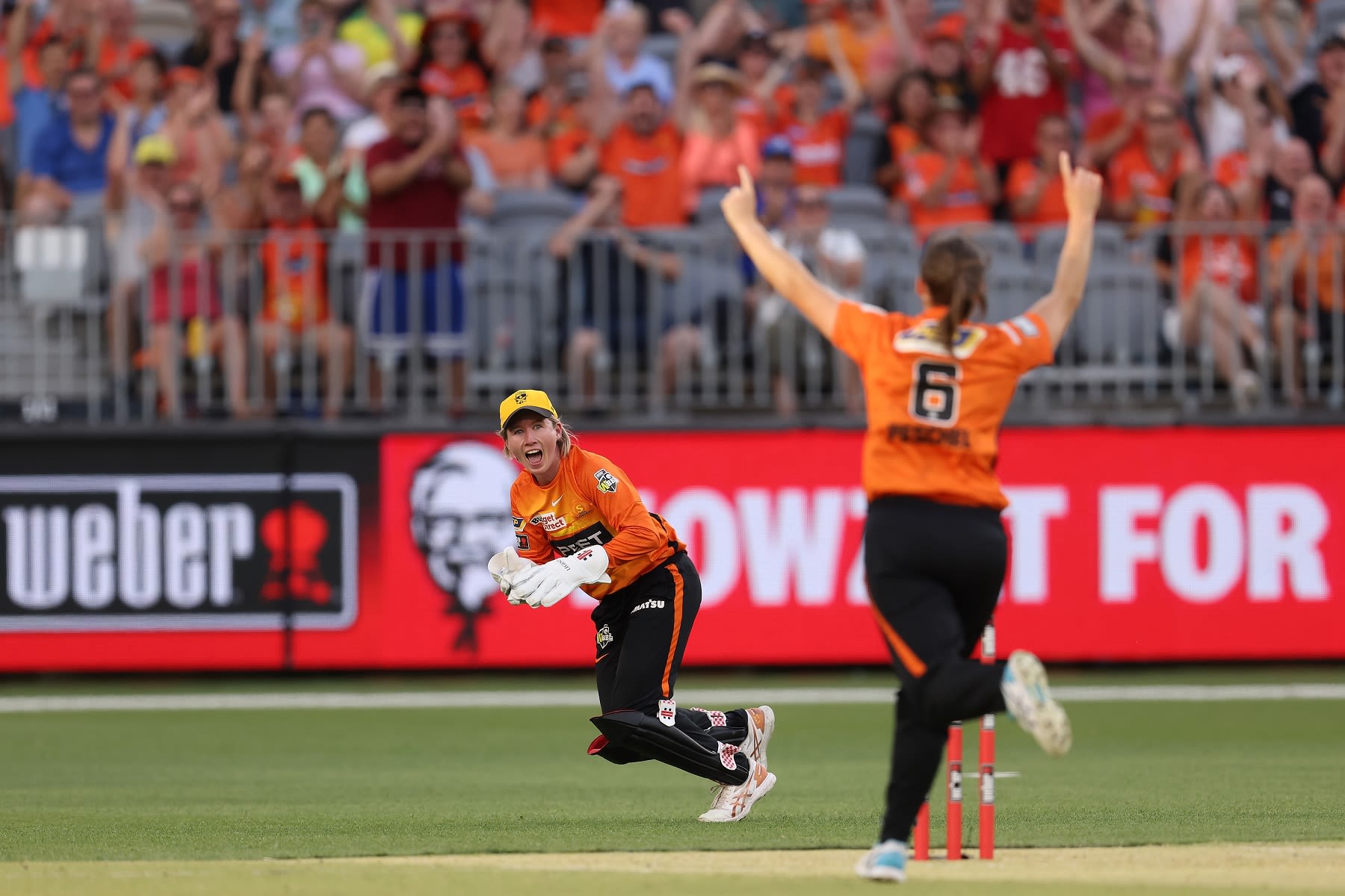Beth Mooney and Taneale Peschel celebrate the wicket of Dane van Niekerk
