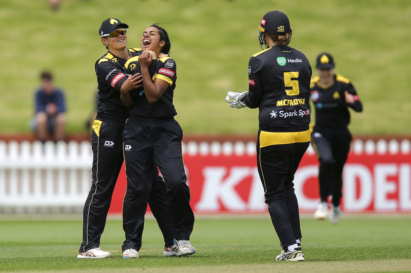Maneka Singh is congratulated by Thamsyn Newton after taking a wicket