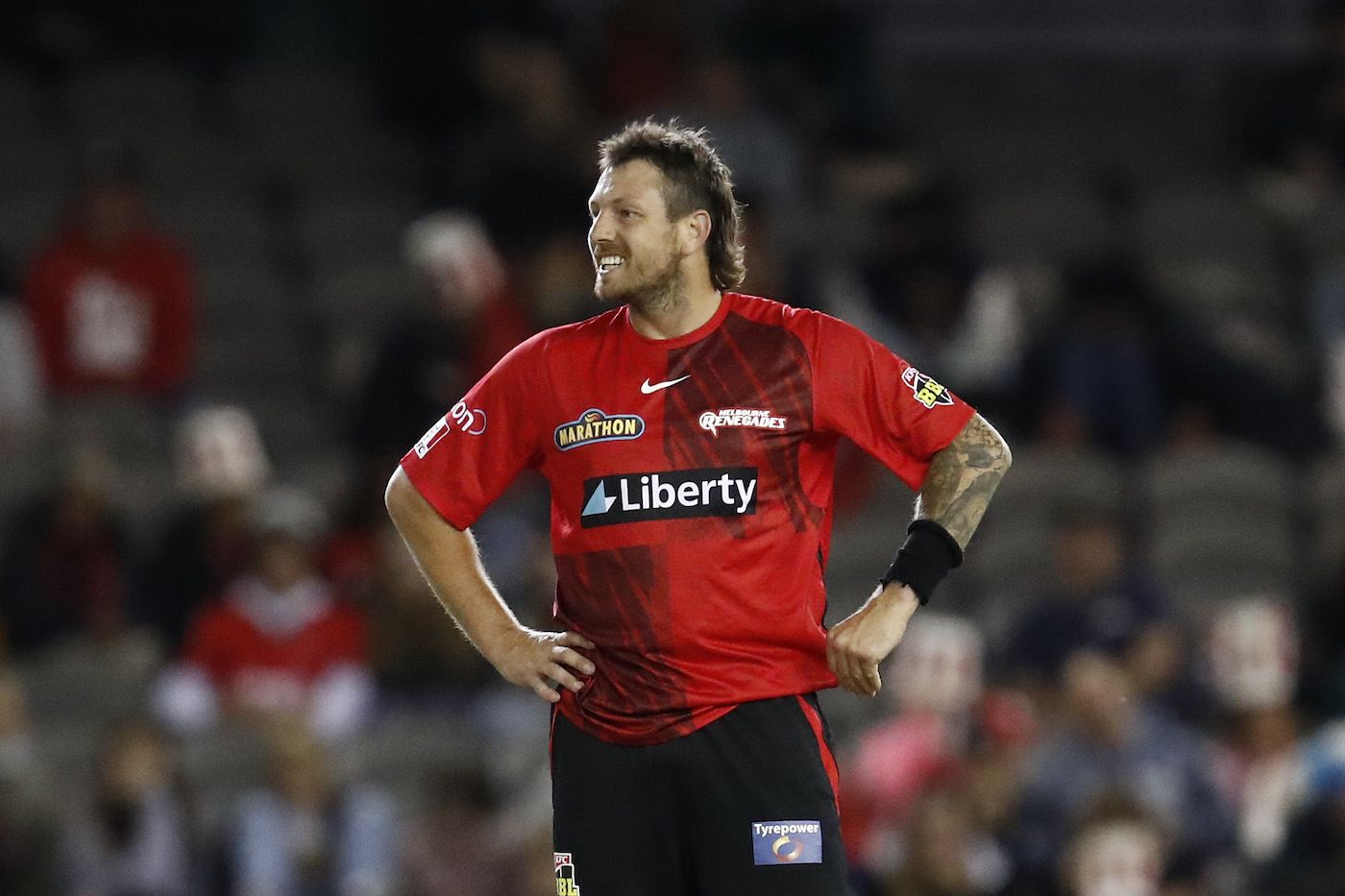 James Pattinson reacts as the ball goes to the outfield