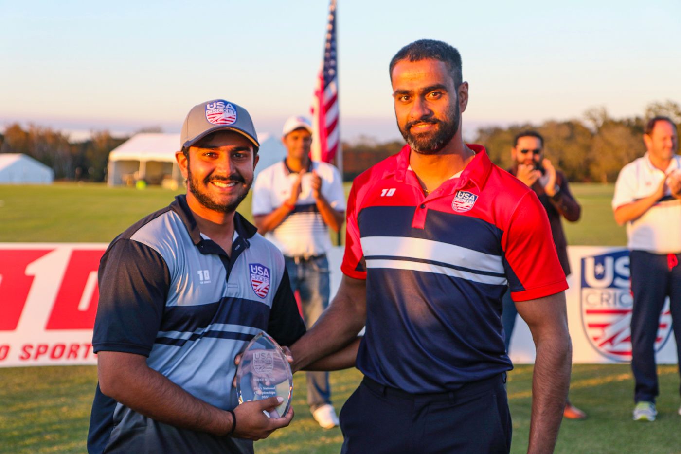 Rahul Jariwala accepts the award for Most Runs from USA Cricket board member Srini Salver