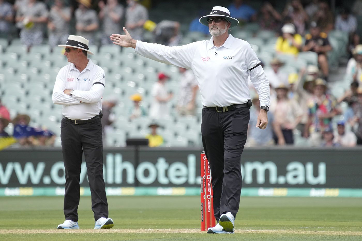 Umpire Paul Wilson signals a no-ball to reprieve Marnus Labuschagne