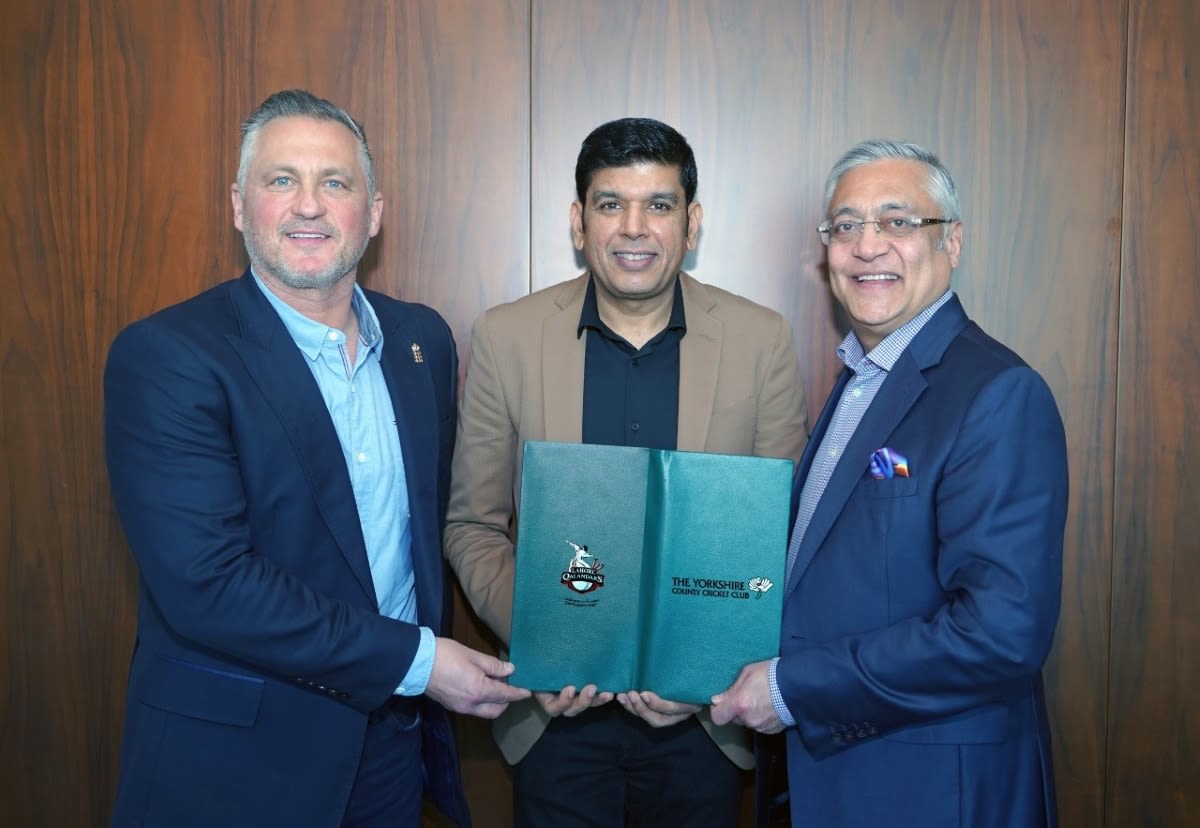 Darren Gough, interim managing director of Yorkshire Cricket, Sameen Rana, COO Lahore Qalandars, and Lord Patel, chair of Yorkshire CCC