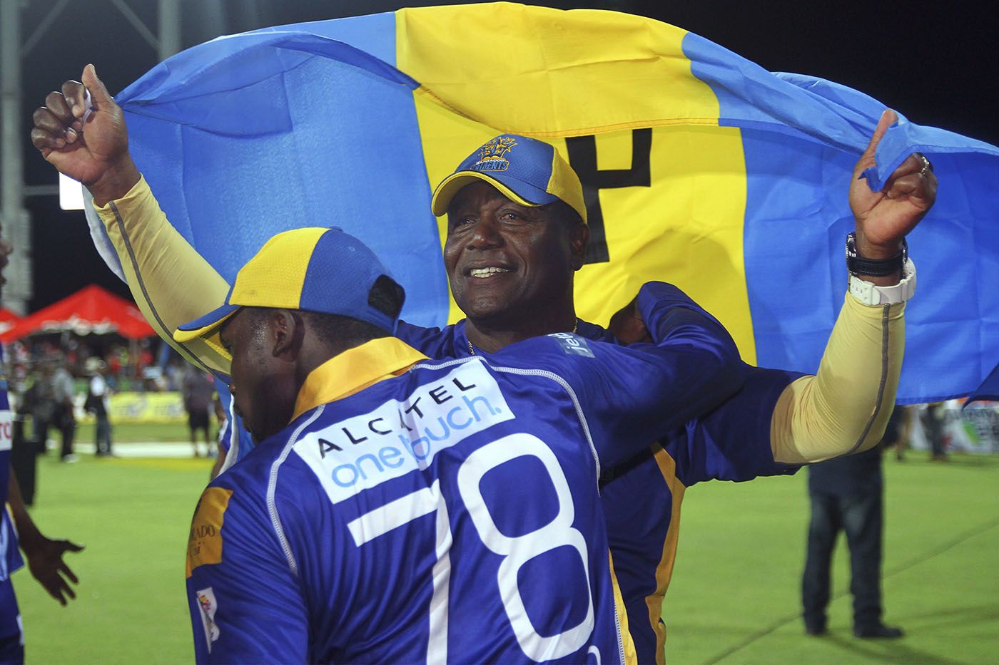 Desmond Haynes celebrates Barbados' victory in the 2014 CPL