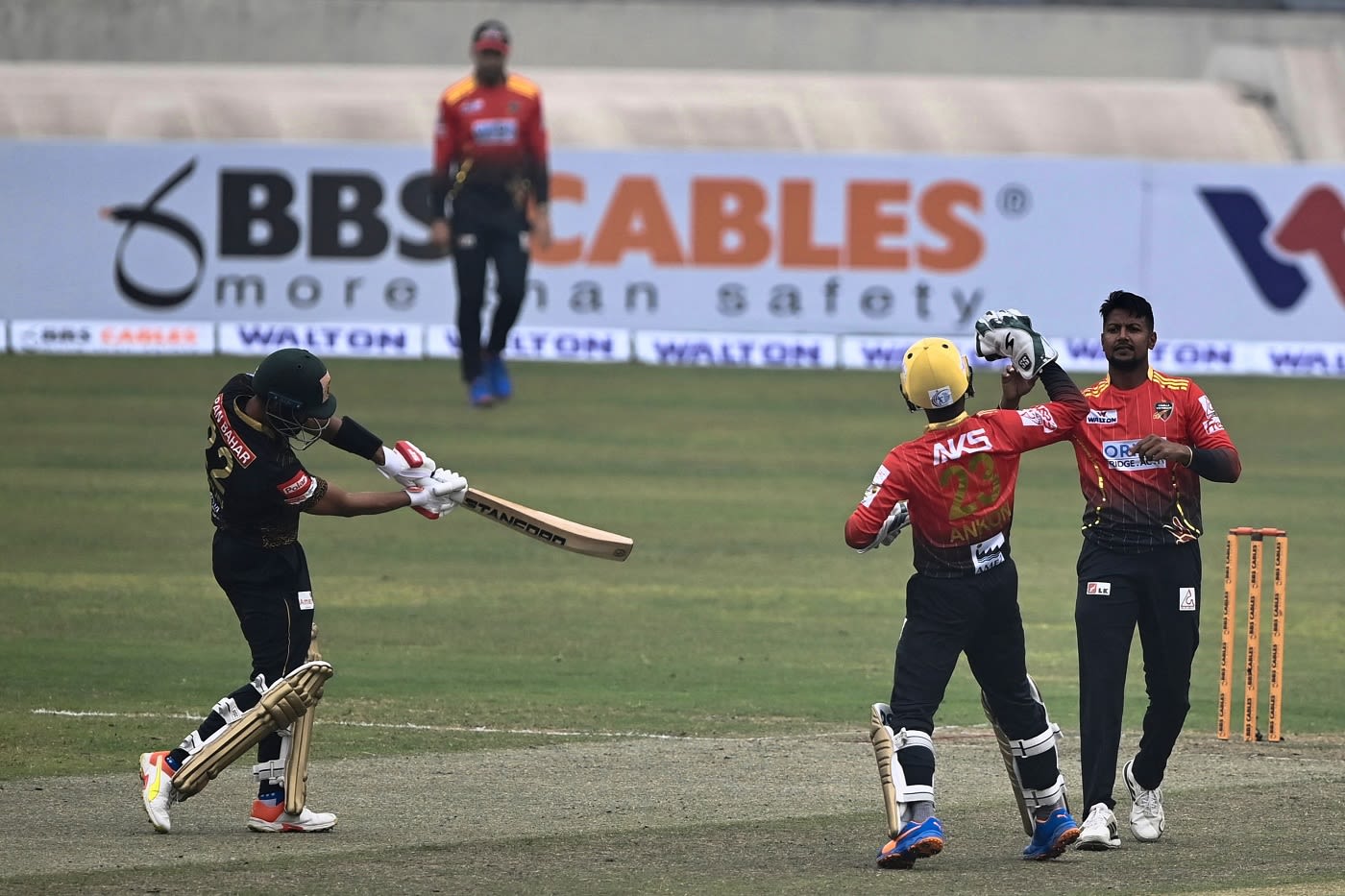Nahidul Islam celebrates after dismissing Mohammad Mithun