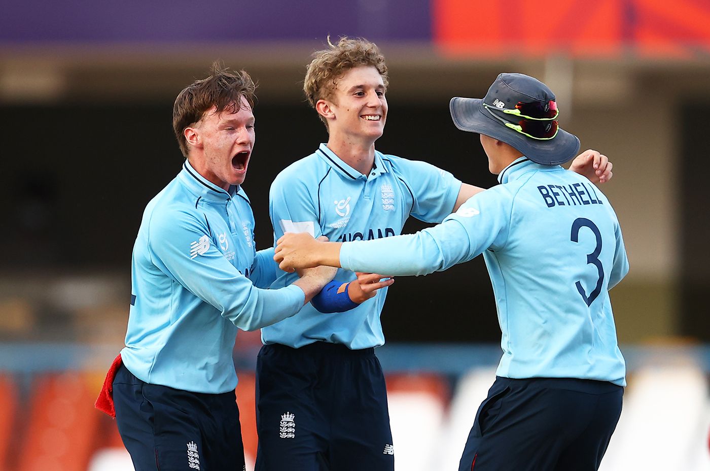 Tom Prest, Josh Boyden and Jacob Bethell celebrate the moment of victory