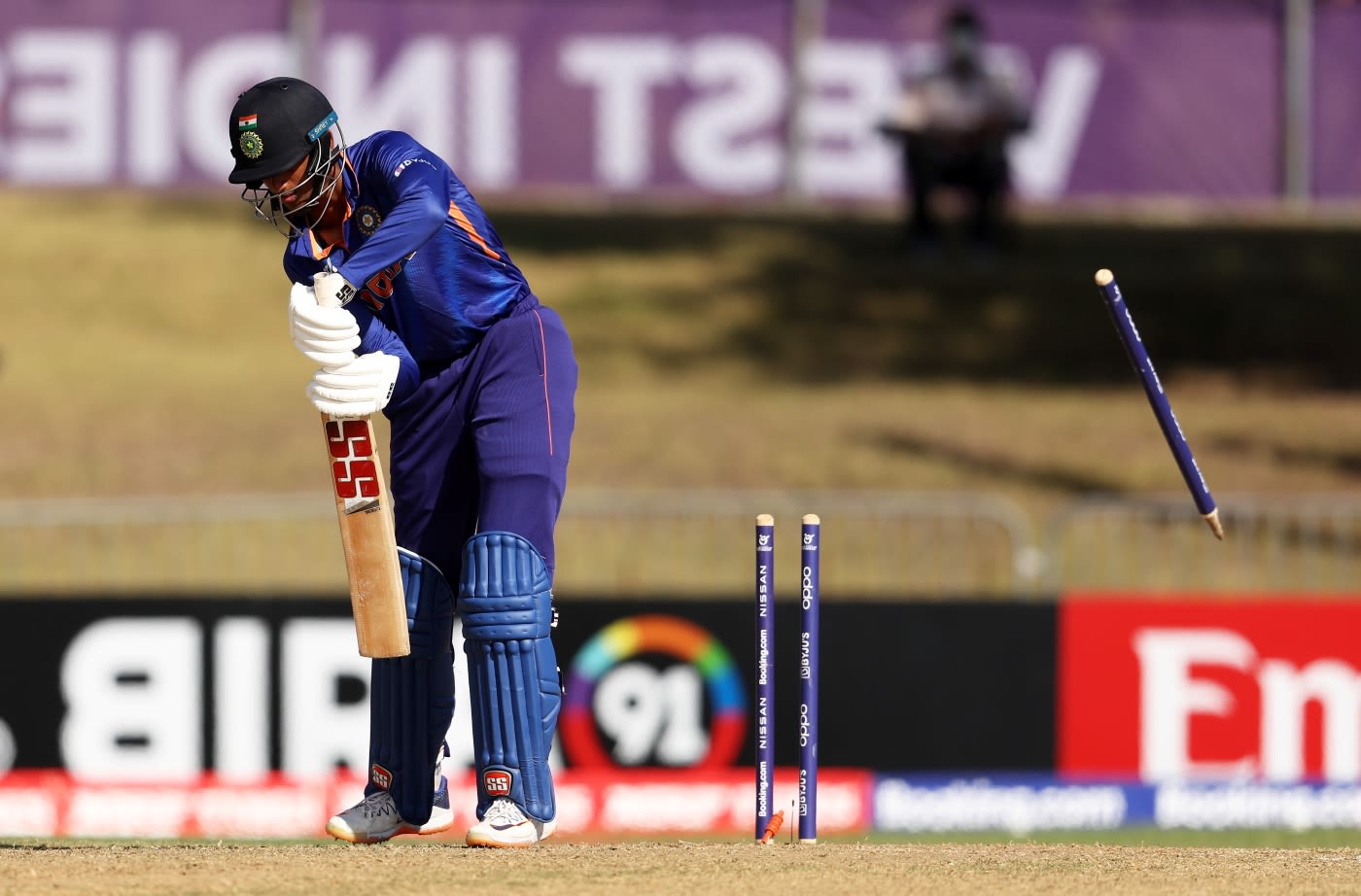 Angkrish Raghuvanshi loses his off stump to a beauty from William Salzmann