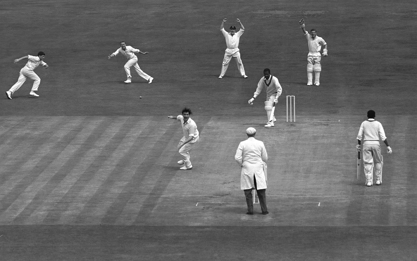 England's Fred Trueman appeals for the wicket of Easton McMorris