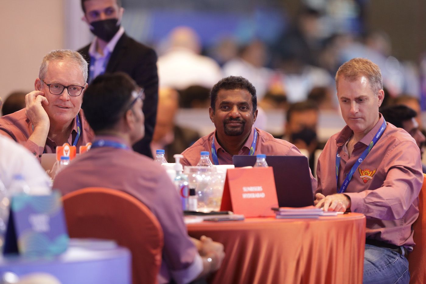 Sunrisers Hyderabad's Tom Moody, Muthiah Muralidaran and Simon Katich at the auction