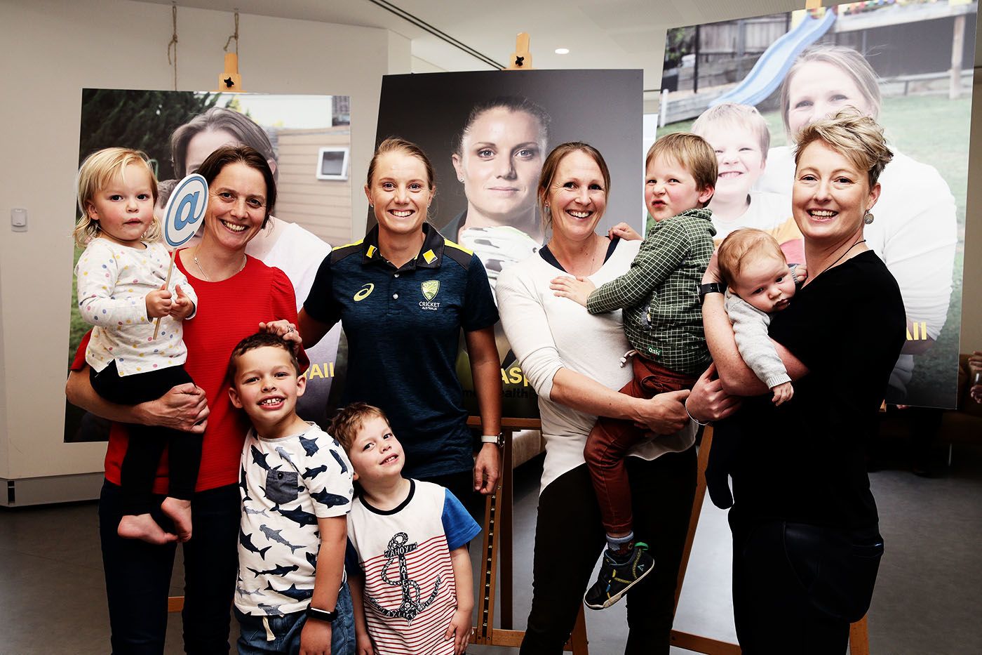 Sarah Elliott, Alyssa Healy, Emily Divin and ACA general manager Clea Smith pose for photos during the CA / ACA Player Parental Leave launch