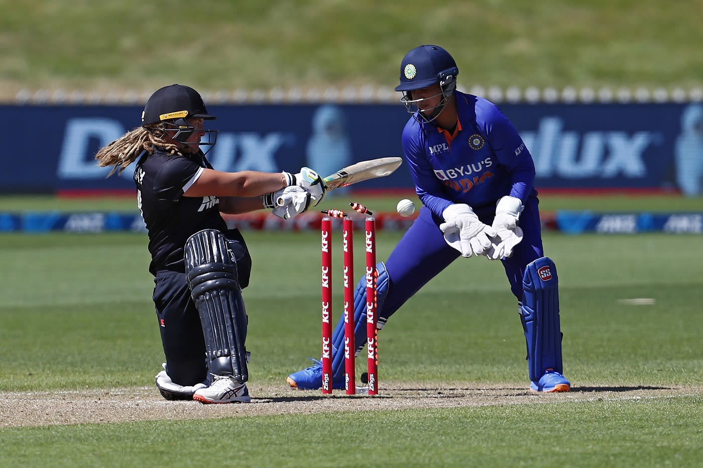 Frances Mackay misses the paddle and is bowled