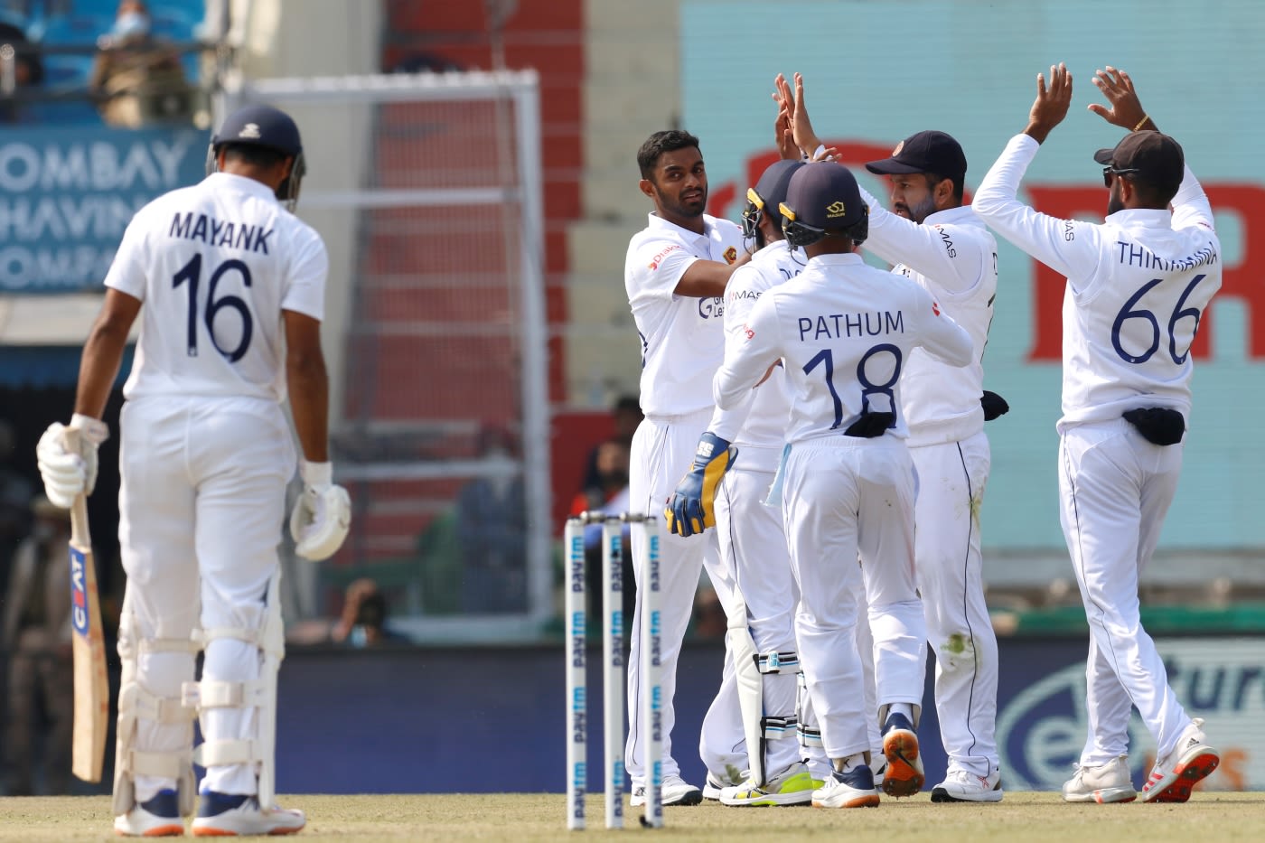 Sri Lanka celebrate Lasith Embuldeniya's dismissal of Mayank Agarwal