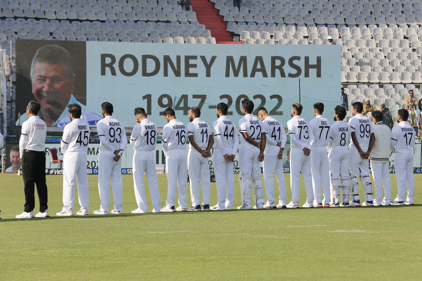 The Indian players observe a minute's silence in memory of Rod Marsh, and Shane Warne