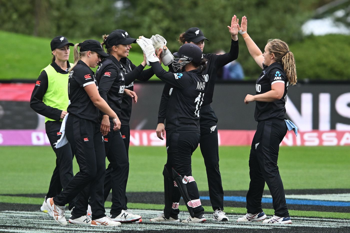 New Zealand celebrate after a strike from Frances Mackay
