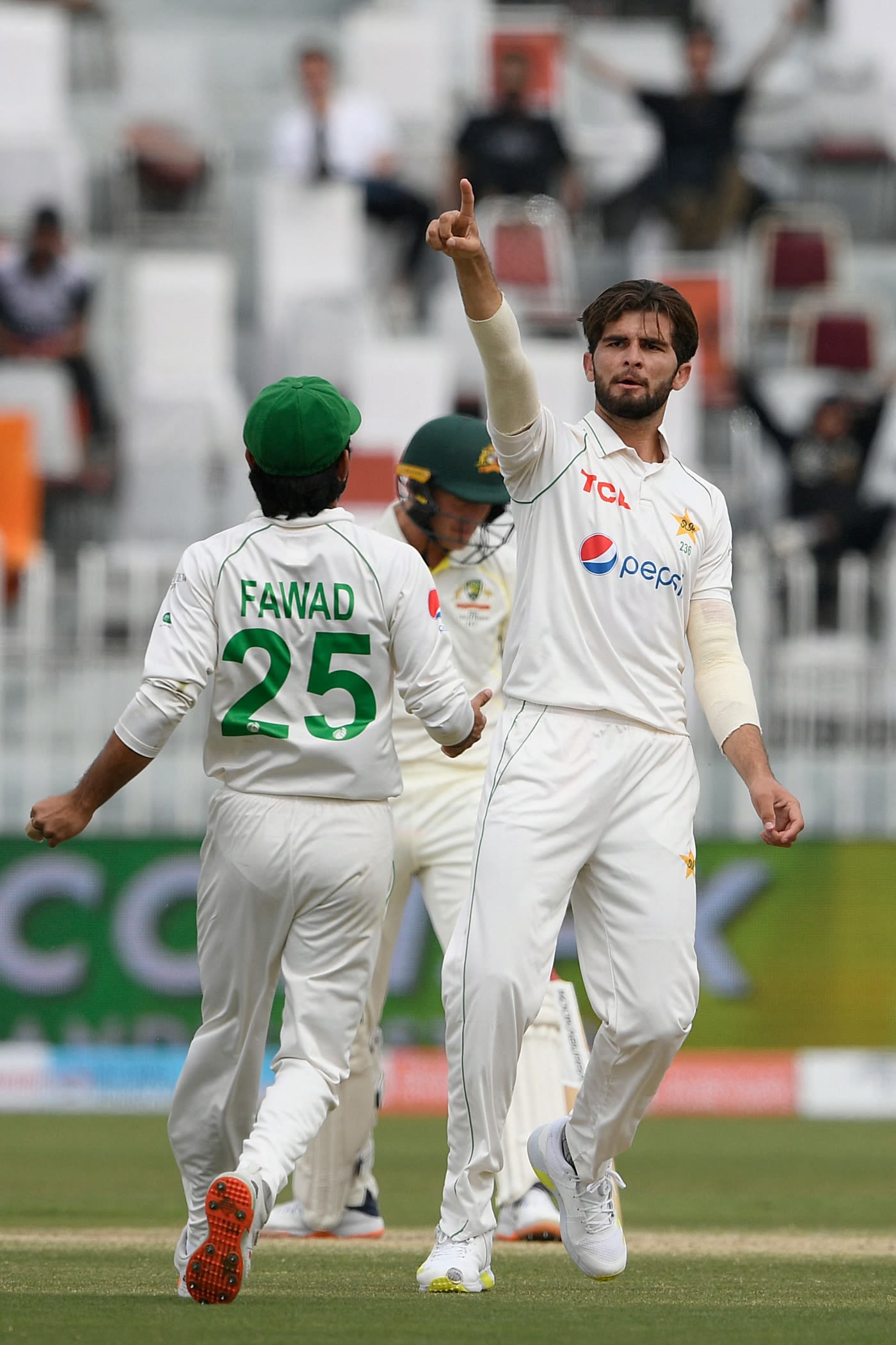 Shaheen Shah Afridi celebrates in trademark fashion after dismissing Marnus Labuschagne