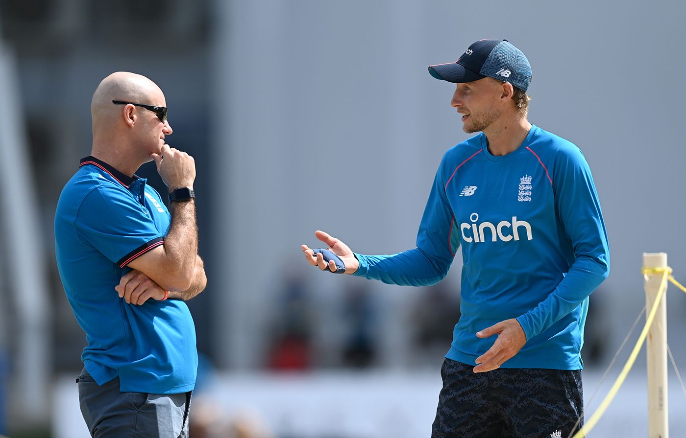 Andrew Strauss and Joe Root chat out in the middle before England training
