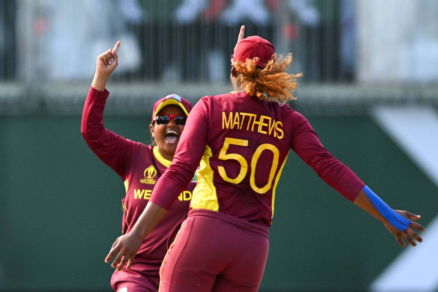 Anisa Mohammed celebrates the win with Hayley Matthews, who played a key role again