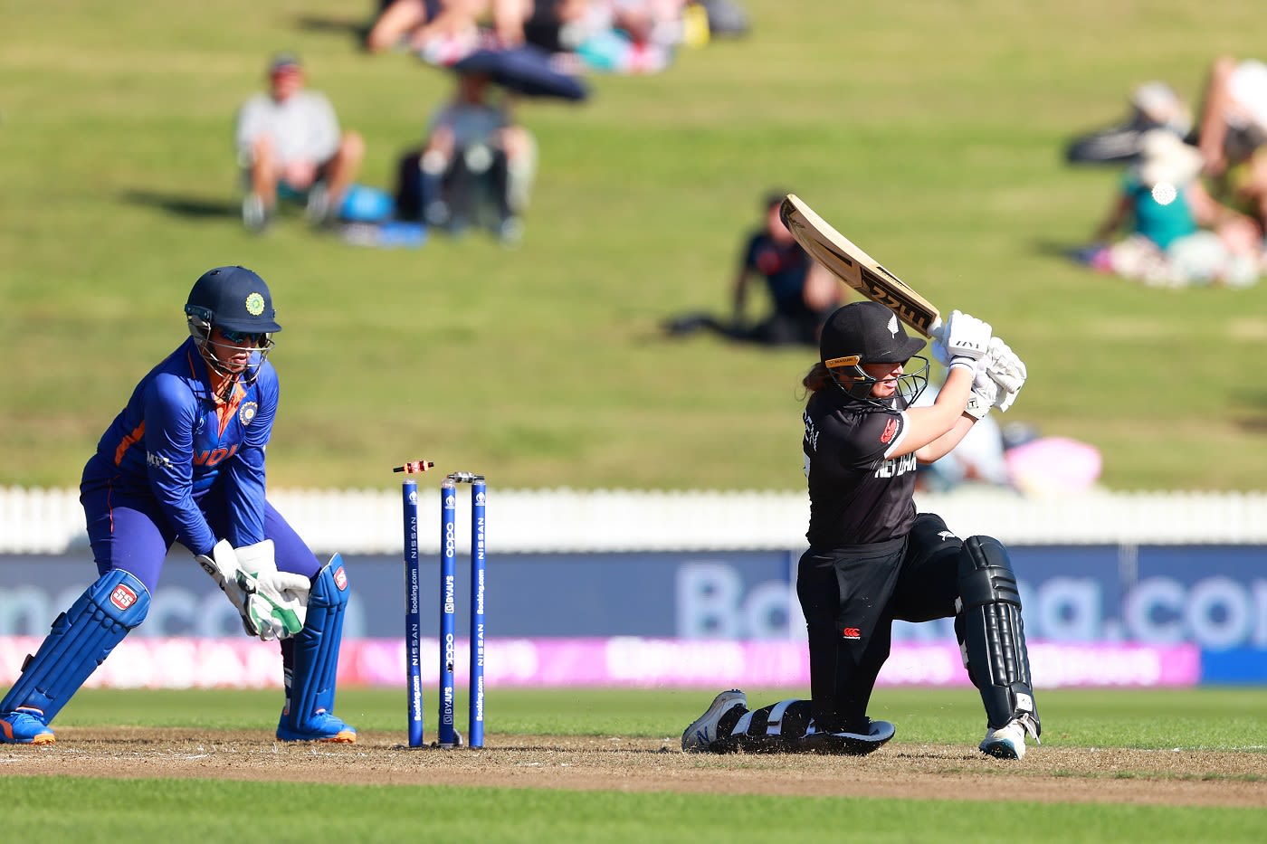 Hayley Jensen misses the slog off Rajeshwari Gayakwad
