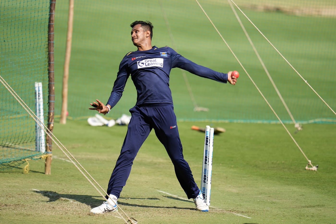 Praveen Jayawickrama bowls in the nets