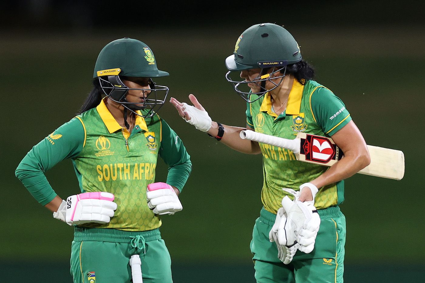Marizanne Kapp has a chat with Trisha Chetty after being dismissed