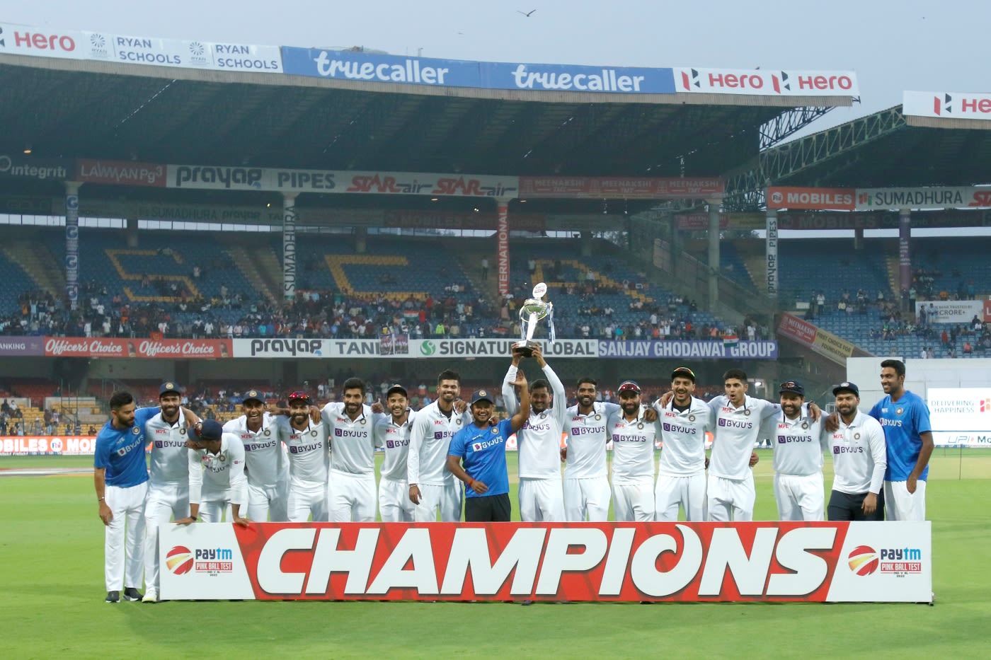 Priyank Panchal lifts the trophy as India celebrate their 2-0 victory over Sri Lanka