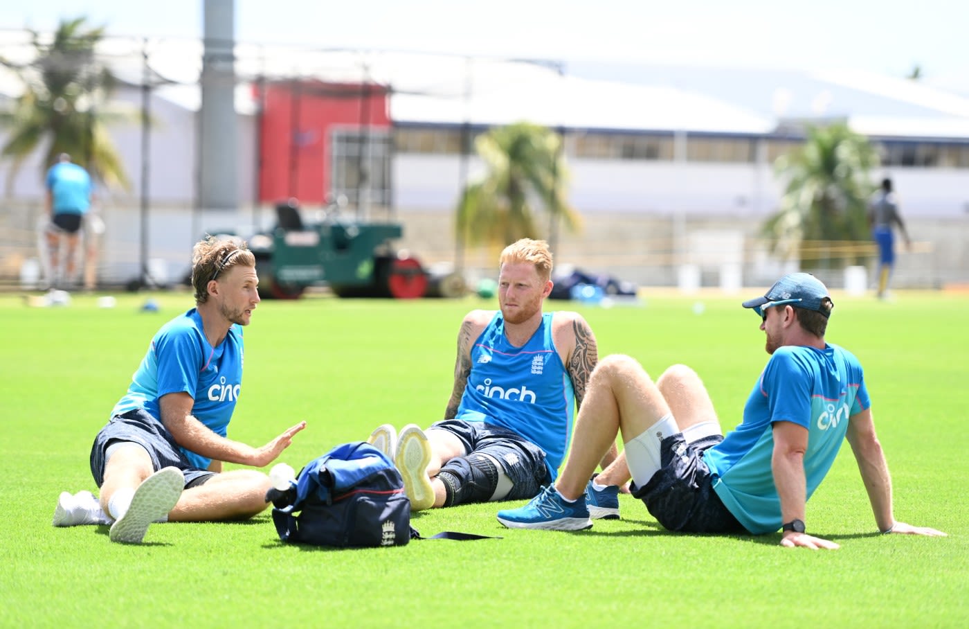 Joe Root, Ben Stokes and Paul Collingwood chat during a nets session in Barbados