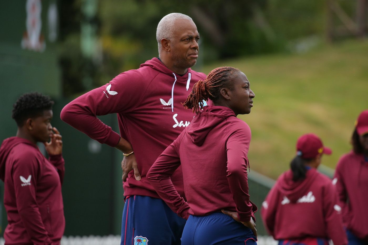 Courtney Walsh and Stafanie Taylor have a chat before the game
