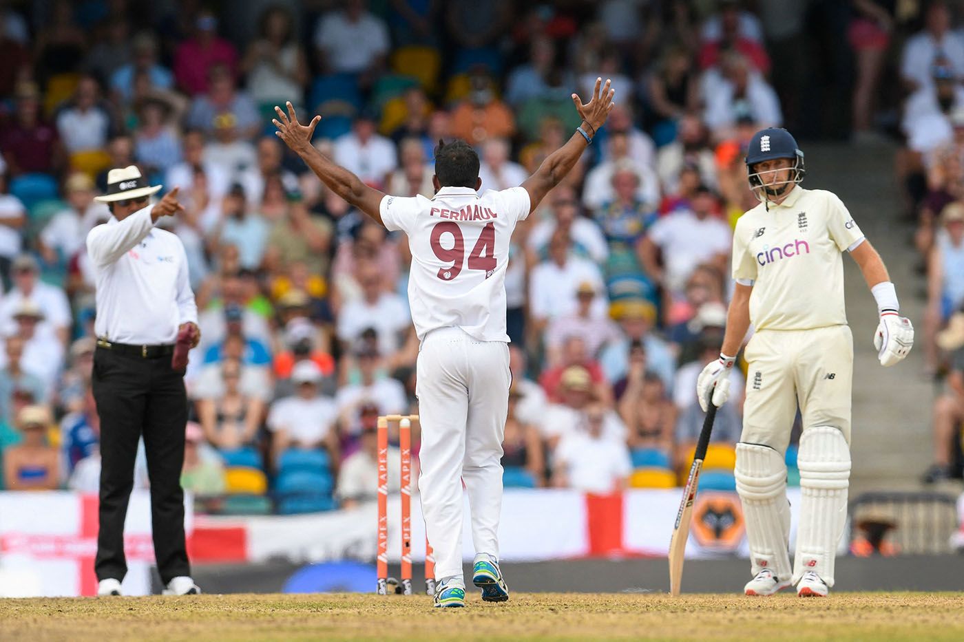 Veerasammy Permaul trapped Alex Lees lbw