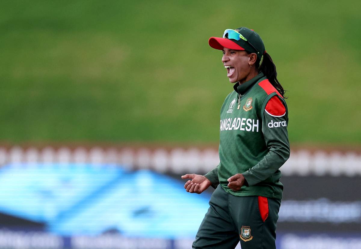 Salma Khatun celebrates the wicket of Meg Lanning